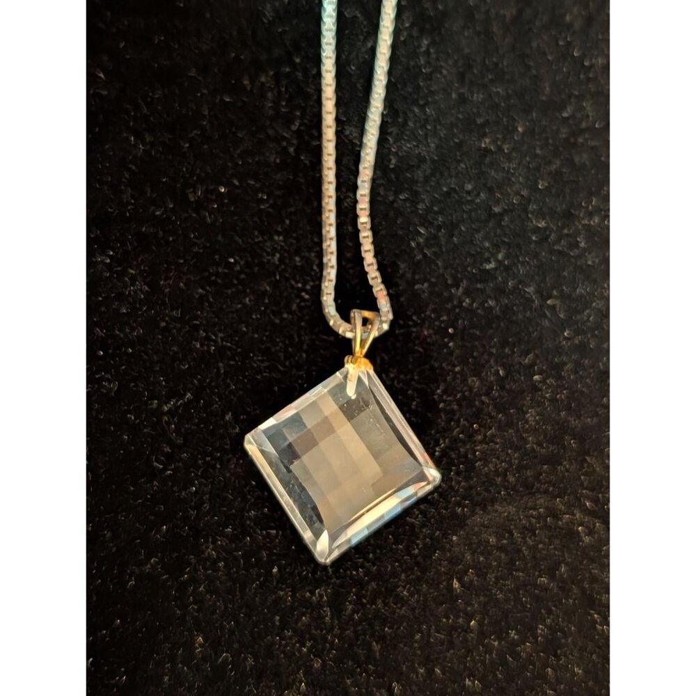 30-Inch Sterling Silver Necklace Square Crystal Pendant Italy 925 10g Elegant - Picture 5 of 15